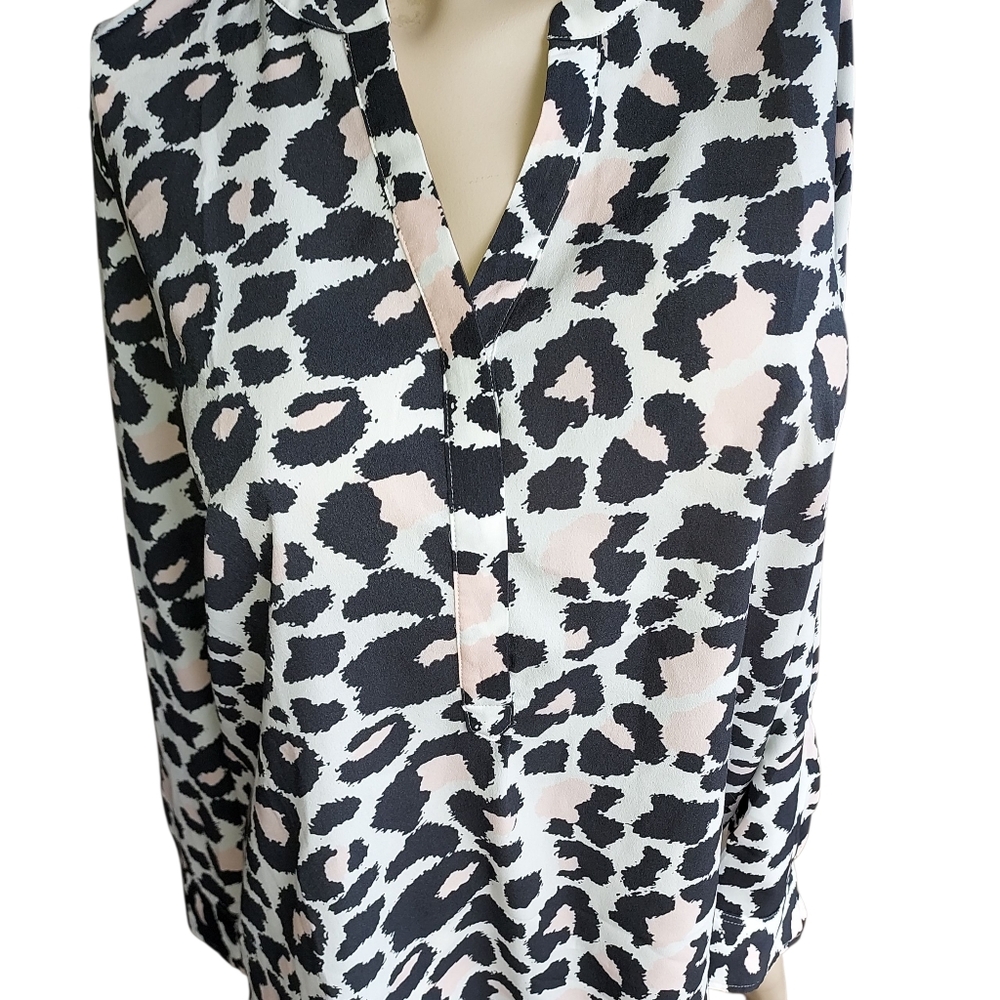 Talbots Women Ivory Long Sleeve Blouse Size L PINK AND black Animal Print Button - Picture 6 of 15